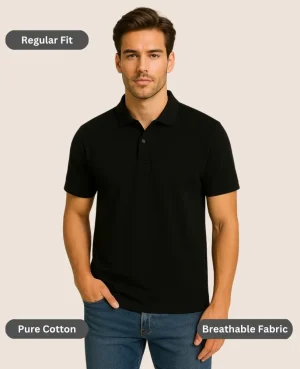 Black Polo T-Shirt for Men – Regular Fit, Pure Cotton