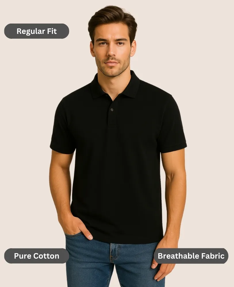Black Polo T-Shirt for Men – Regular Fit, Pure Cotton