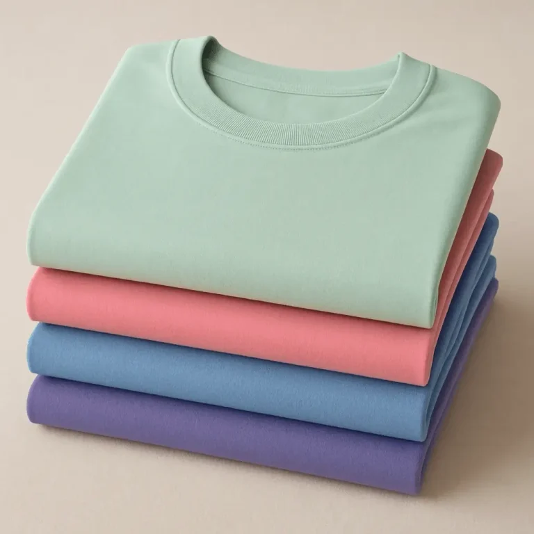A stack of neatly folded heavyweight t-shirts in mint green, pink, light blue, and lavender colors placed on a tabletop.